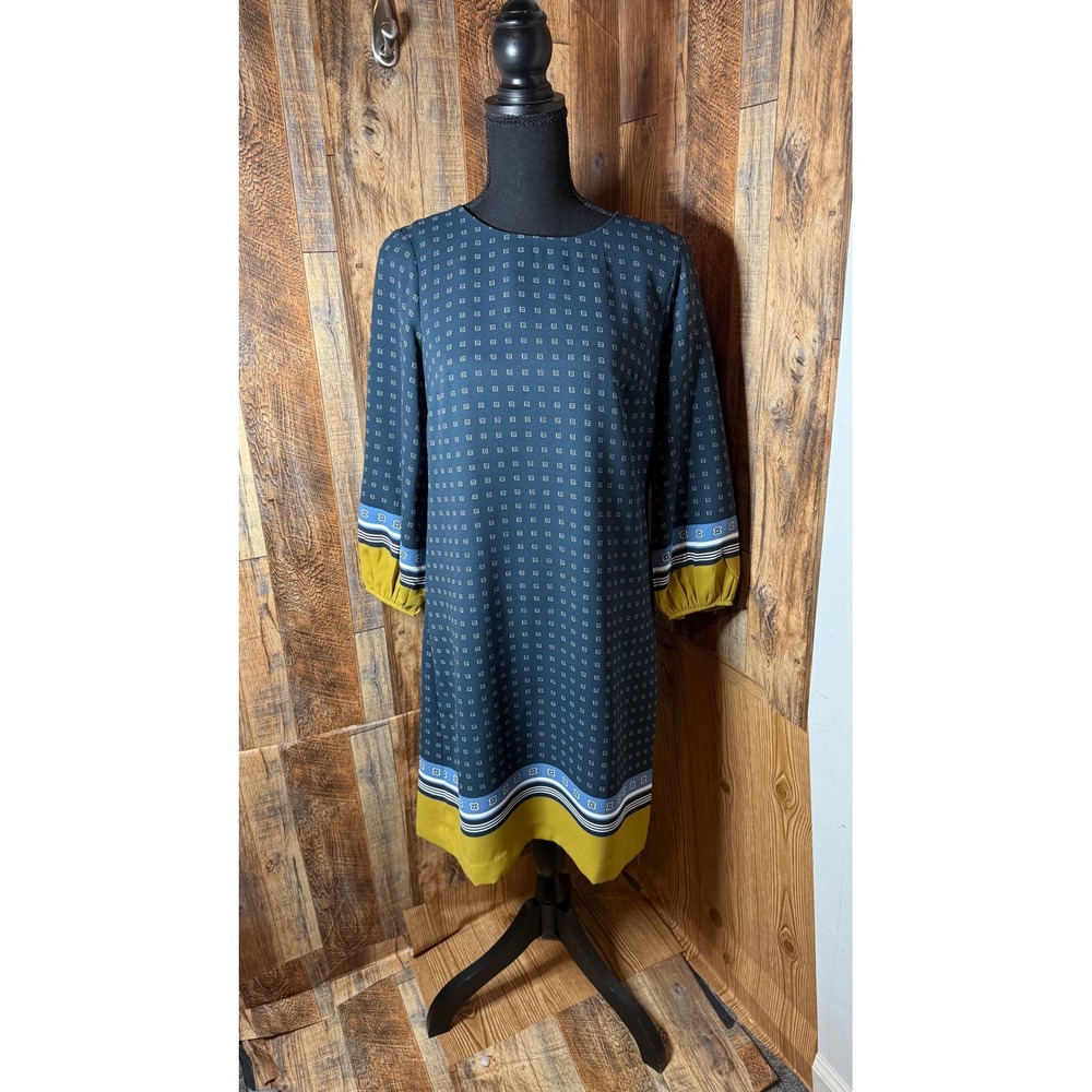 Ann Taylor Geometric Print 3/4 Sleeve Shift Dress Navy Yellow Women's Size 2